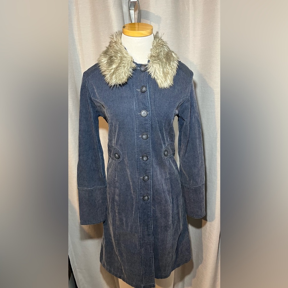 Kenzie Jeans jacket long coat fur collar size 4 button up [I-10]